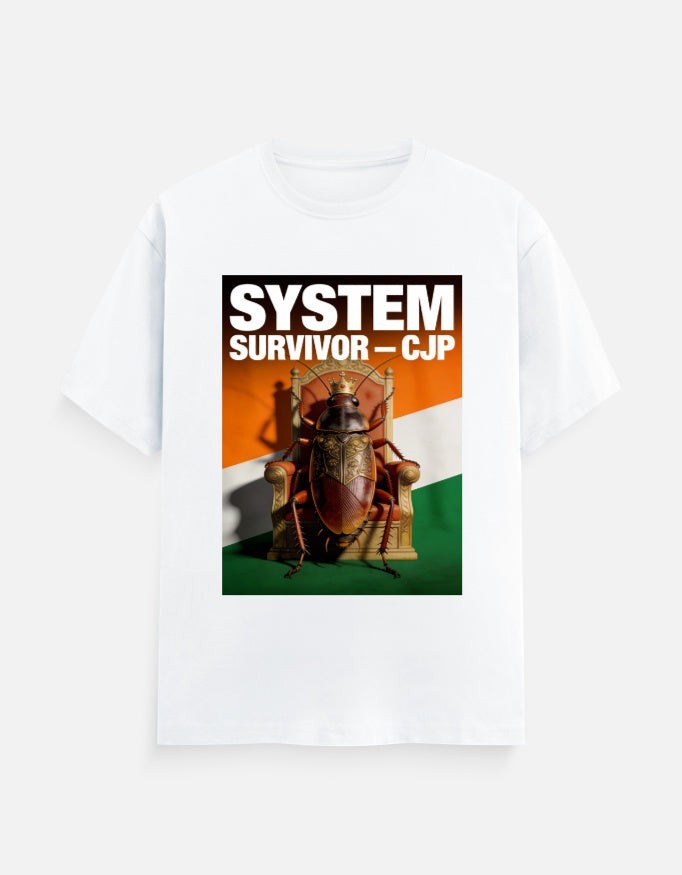 AMA B Graphic Print Oversized Cotton T-Shirt with a cockroach on a throne and "SYSTEM SURVIVOR - CJP" text.