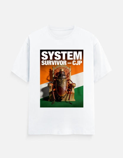 AMA B Graphic Print Oversized Cotton T-Shirt with a cockroach on a throne and "SYSTEM SURVIVOR - CJP" text.