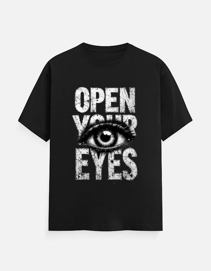 AMAB black oversized cotton t-shirt with "Open Your Eyes" graphic print featuring an eye illustration.