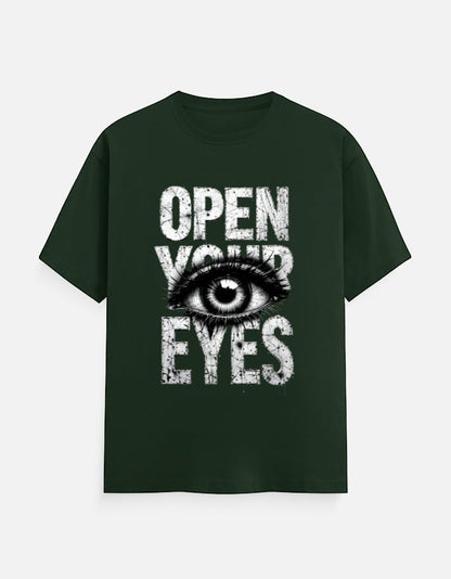 AMAB forest green cotton oversized t-shirt with "Open Your Eyes" graphic print and eye illustration.