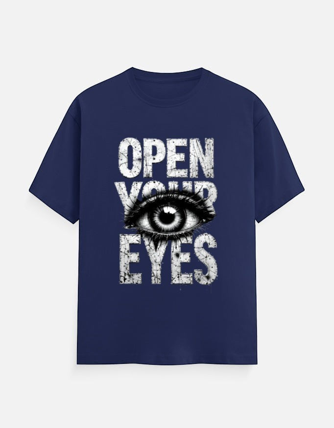 AMA B Graphic Print Oversized T-Shirt in navy blue cotton with "Open Your Eyes" text and eye graphic.