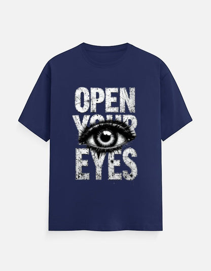 AMA B Graphic Print Oversized T-Shirt in navy blue cotton with "Open Your Eyes" text and eye graphic.