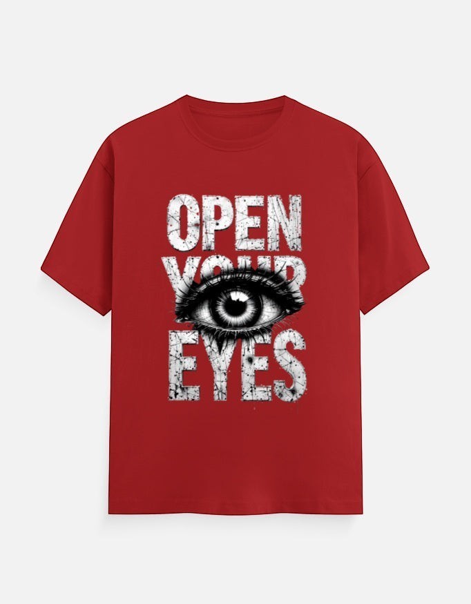 AMA B Graphic Print Oversized T-Shirt in red cotton with "Open Your Eyes" text and eye graphic.