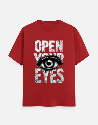 AMA B Graphic Print Oversized T-Shirt in red cotton with "Open Your Eyes" text and eye graphic.