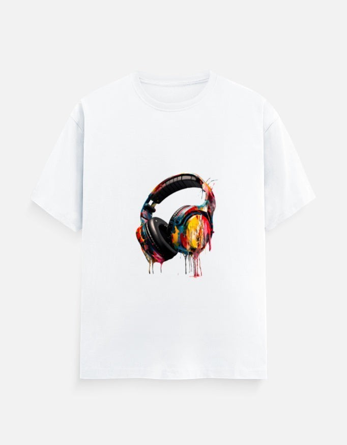 AMA B Graphic Print Short Sleeve Crew Neck T-Shirt with colorful dripping headphones