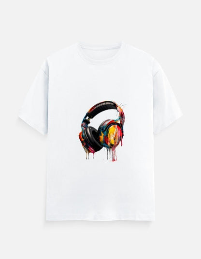 AMA B Graphic Print Short Sleeve Crew Neck T-Shirt with colorful dripping headphones