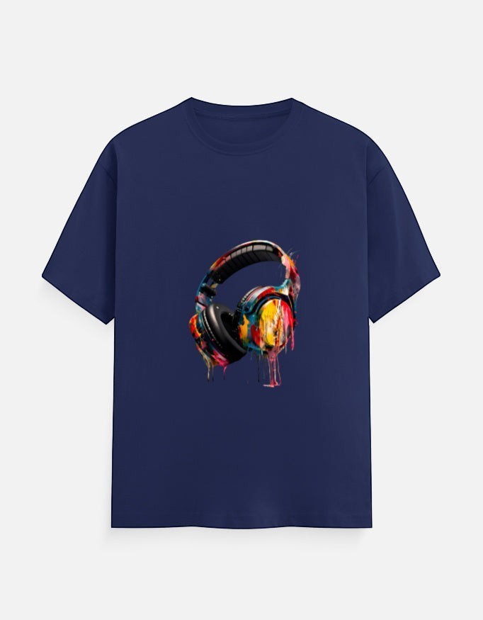 AMAB navy blue cotton crew neck t-shirt with a vibrant, colorful paint-splattered headphone graphic.