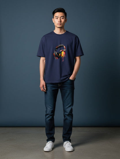 AMAB navy blue cotton crew neck t-shirt with a vibrant graphic print of headphones.
