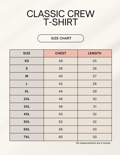 AMAB Men's Graphic Print Short Sleeve T-Shirt size chart with chest and length measurements.