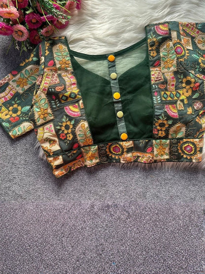 AMAB green Malai silk blouse with multi codding work, front open design, and fancy back buttons. Elbow-length sleeves.