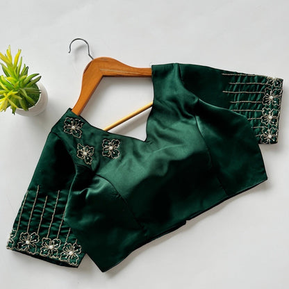 AMAB green Dilruba silk blouse with golden handwork floral embroidery on neckline and sleeves. Padded designer partywear.