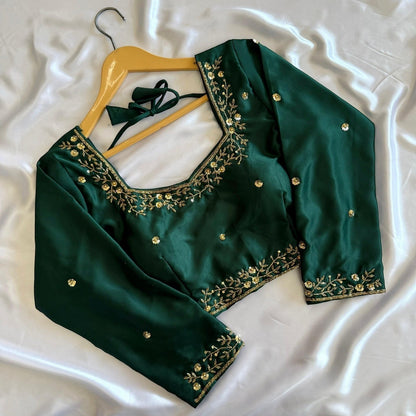 AMAB designer deep green Kimora silk blouse with golden handwork and sequence detailing, 3/4 sleeves, padded, square neck.