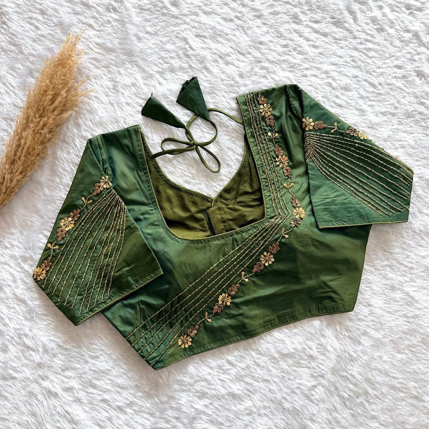 AMAB designer green soft silk blouse with heavy handwork on sleeves and back, padded, square neck, tie-up closure.