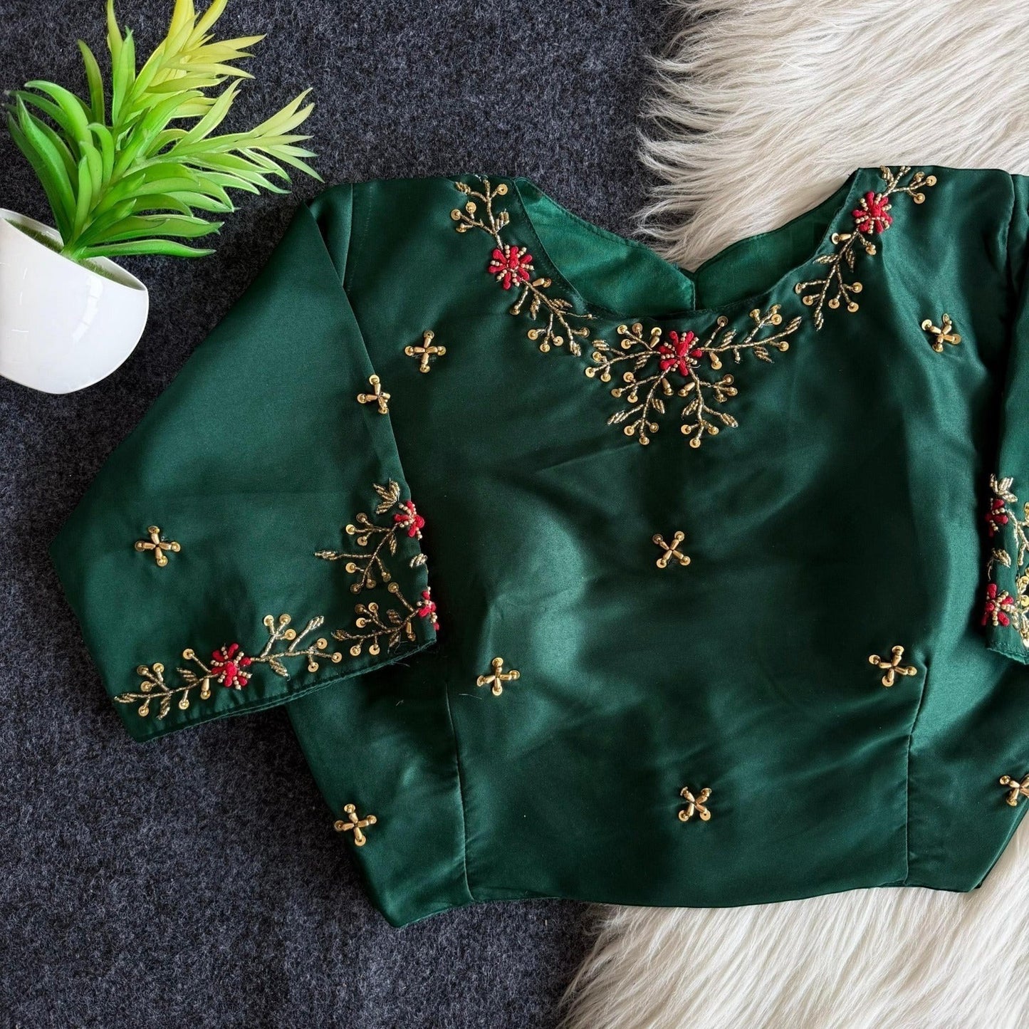 AMAB green butter silk blouse with intricate gold and red handwork on neckline, sleeves, and back. Padded partywear.