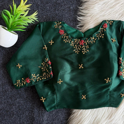 AMAB green butter silk blouse with intricate gold and red handwork on neckline, sleeves, and back. Padded partywear.