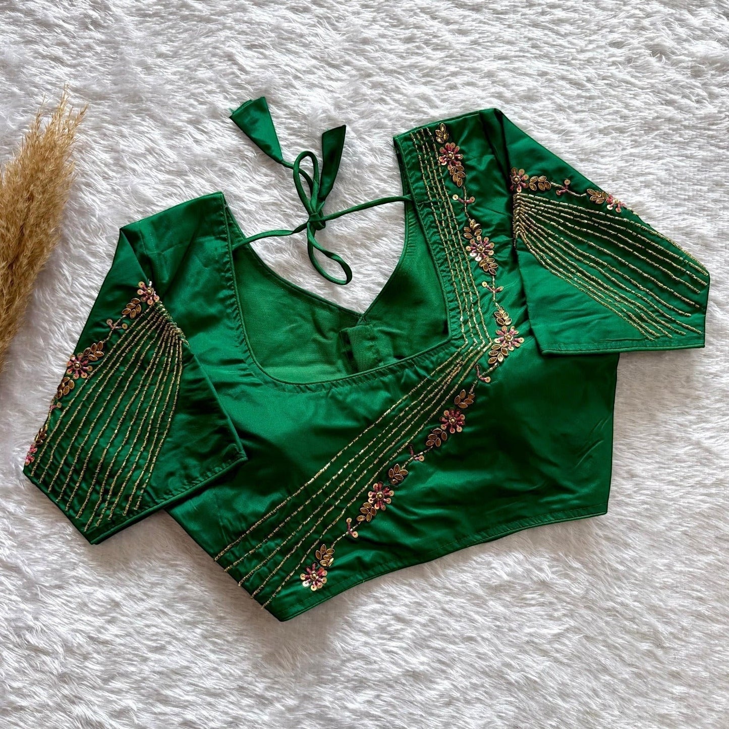 AMAB designer green soft silk blouse with heavy handwork on back and sleeves, padded partywear.