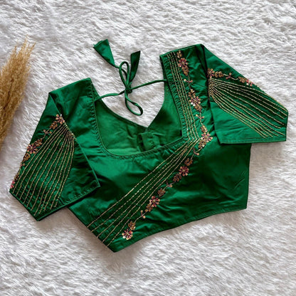 AMAB designer green soft silk blouse with heavy handwork on back and sleeves, padded partywear.