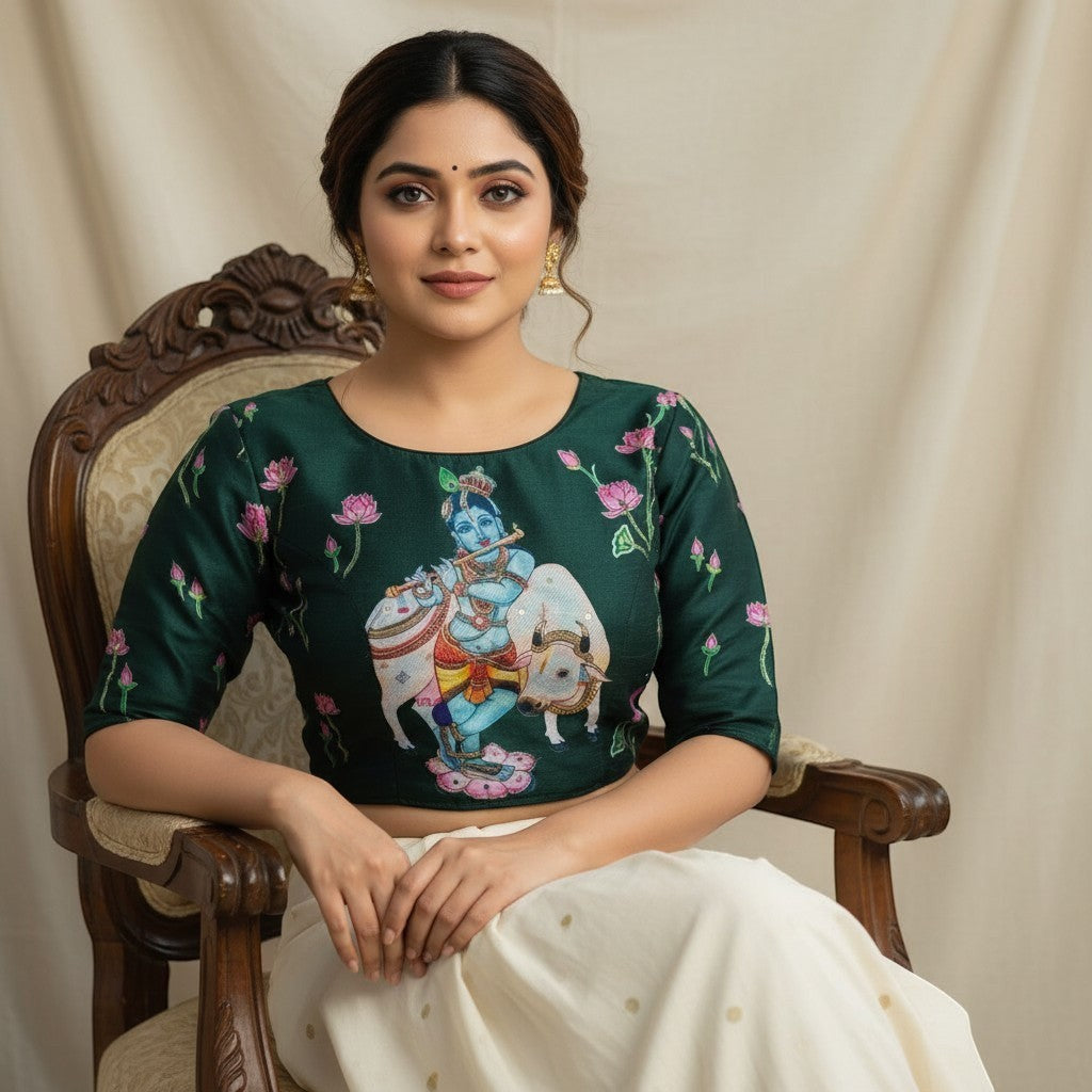 AMAB green pure silk blouse with Krishna print and pink lotus floral embroidery. Elegant ethnic wear.