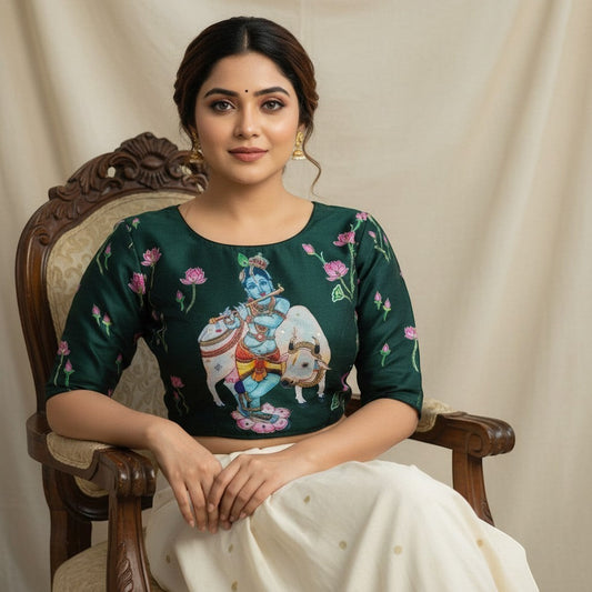 AMAB green pure silk blouse with Krishna print and pink lotus floral embroidery. Elegant ethnic wear.