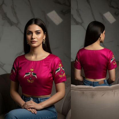 AMAB hot pink haka silk blouse with embroidered birds on sleeves and back, padded, designer partywear.