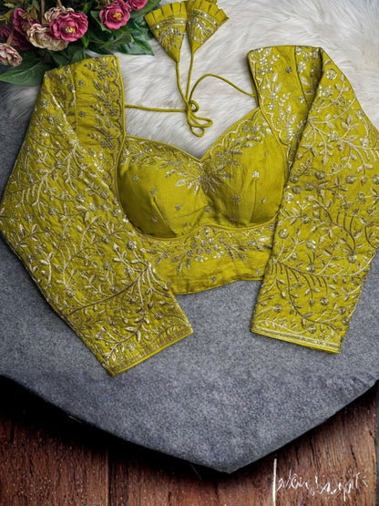 AMAB lime green heavy Vichitra silk blouse with jari and sequence embroidery, long sleeves, and back open design.