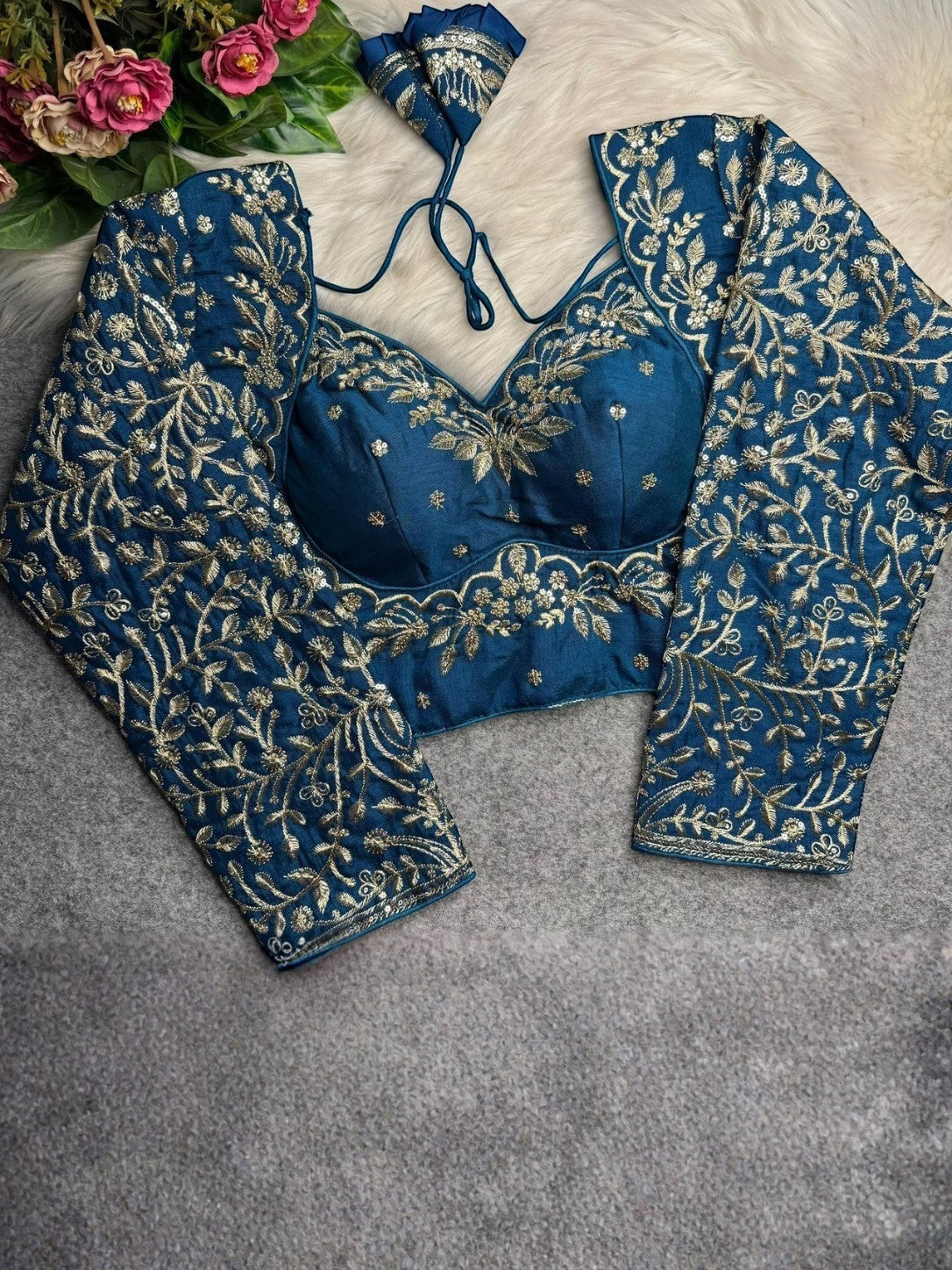 AMAB heavy Vichitra silk teal blue blouse with gold jari and sequence embroidery, long sleeves, and back open design.