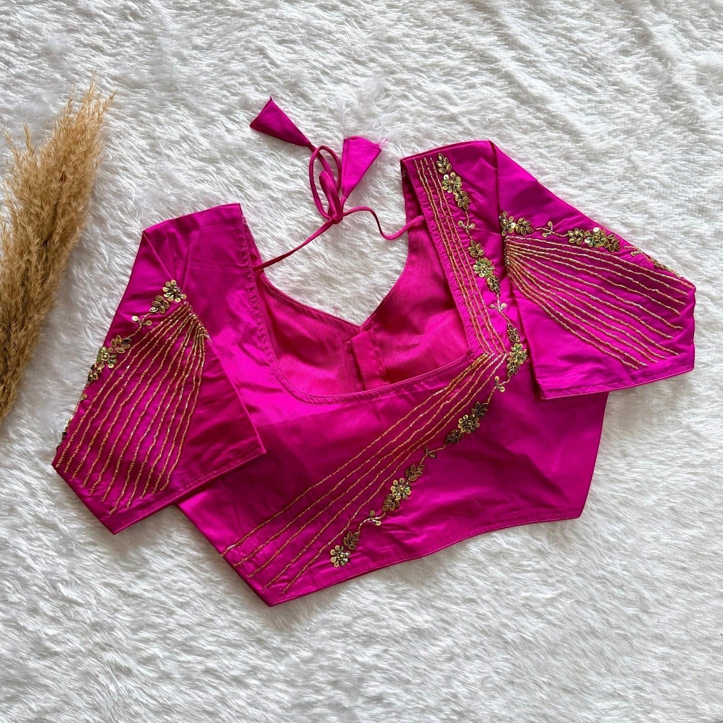 AMAB designer hot pink soft silk blouse with heavy gold handwork on sleeves and back. Padded partywear.
