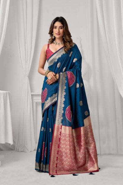 AMAB sapphire blue Kanjeevaram silk saree with intricate zari border and circular motifs. Traditional woven silk.
