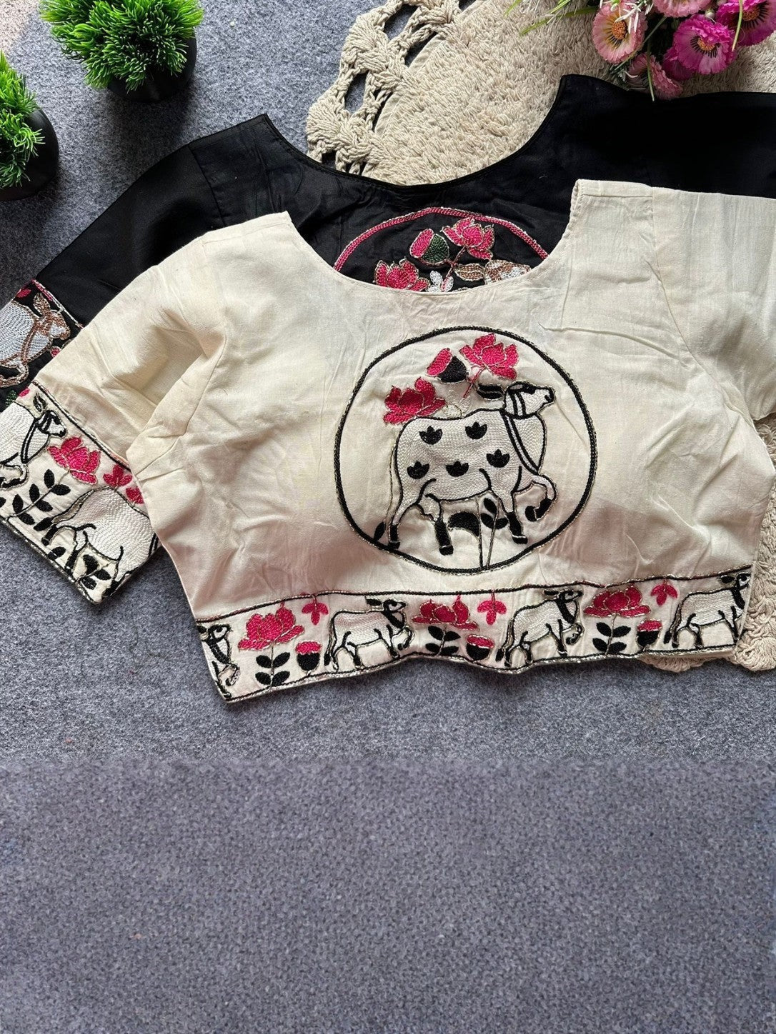 AMAB cream pure khadi cotton blouse with embroidered cow and floral motif, padded front open style.