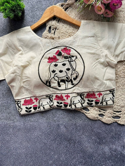 AMAB cream pure khadi cotton blouse with embroidered cow and floral motif, padded front open style.