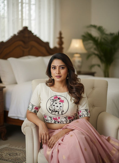 AMAB cream khadi cotton blouse with embroidered cow and floral motif, padded front open style
