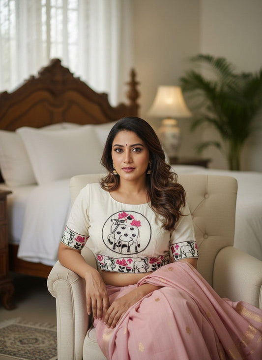AMAB cream khadi cotton blouse with embroidered cow and floral motif, padded front open style