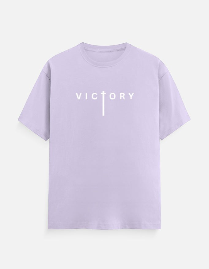 AMAB lilac cotton crew neck t-shirt with white 'Victory' graphic on front and artistic back print.