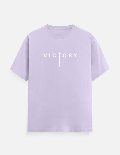 AMAB lilac cotton crew neck t-shirt with white 'Victory' graphic on front and artistic back print.