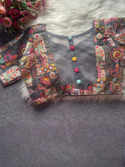 AMAB grey Malai silk blouse with colorful patchwork, multi codding work, sheer neckline, and colorful front buttons.