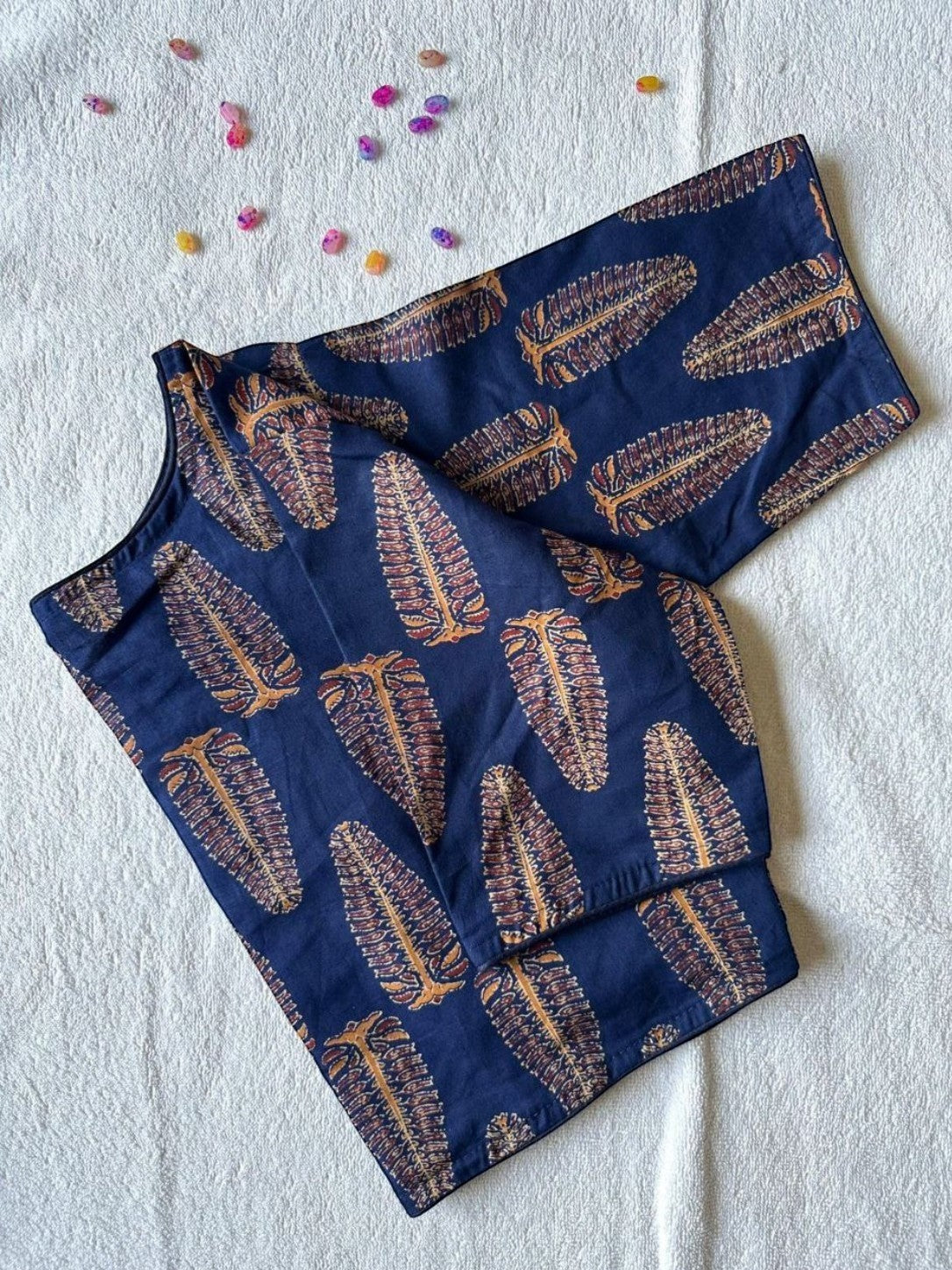 AMAB navy blue pure cotton Ajrakh handblock printed blouse with boat neck and front hook closure.