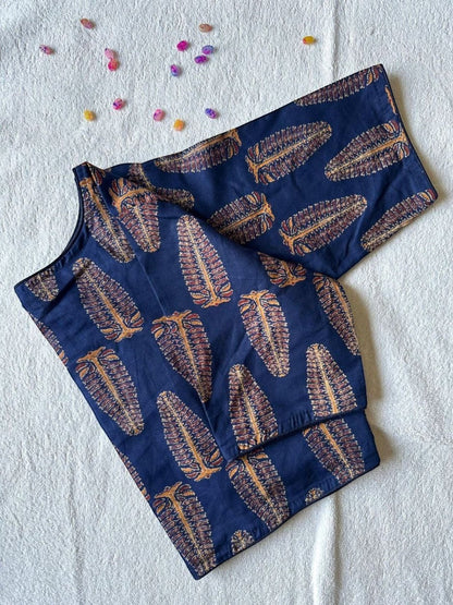 AMAB navy blue pure cotton Ajrakh handblock printed blouse with boat neck and front hook closure.