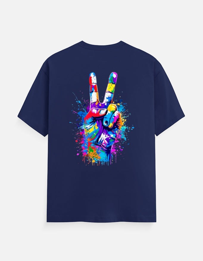 AMAB navy blue 100% cotton crew neck t-shirt with a colorful "peace sign" hand graphic and paint splatter on the back.