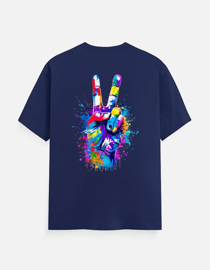 AMAB navy blue 100% cotton crew neck t-shirt with a colorful "peace sign" hand graphic and paint splatter on the back.