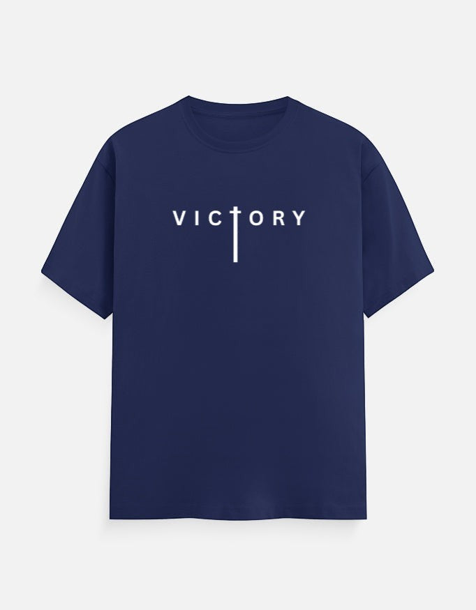 AMAB navy blue 100% cotton crew neck t-shirt with white "Victory" text graphic on front.