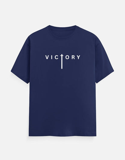 AMAB navy blue 100% cotton crew neck t-shirt with white "Victory" text graphic on front.