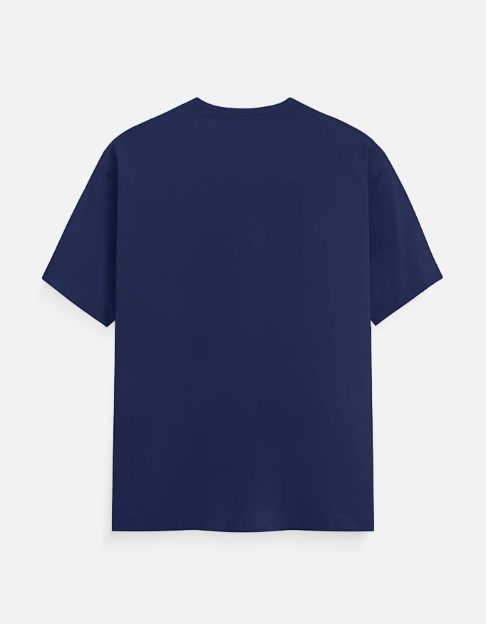 AMA B Graphic Print Oversized Cotton T-Shirt in navy blue. Features a crew neck and short sleeves.