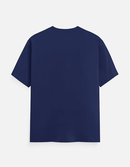 AMA B Graphic Print Oversized Cotton T-Shirt in navy blue. Features a crew neck and short sleeves.
