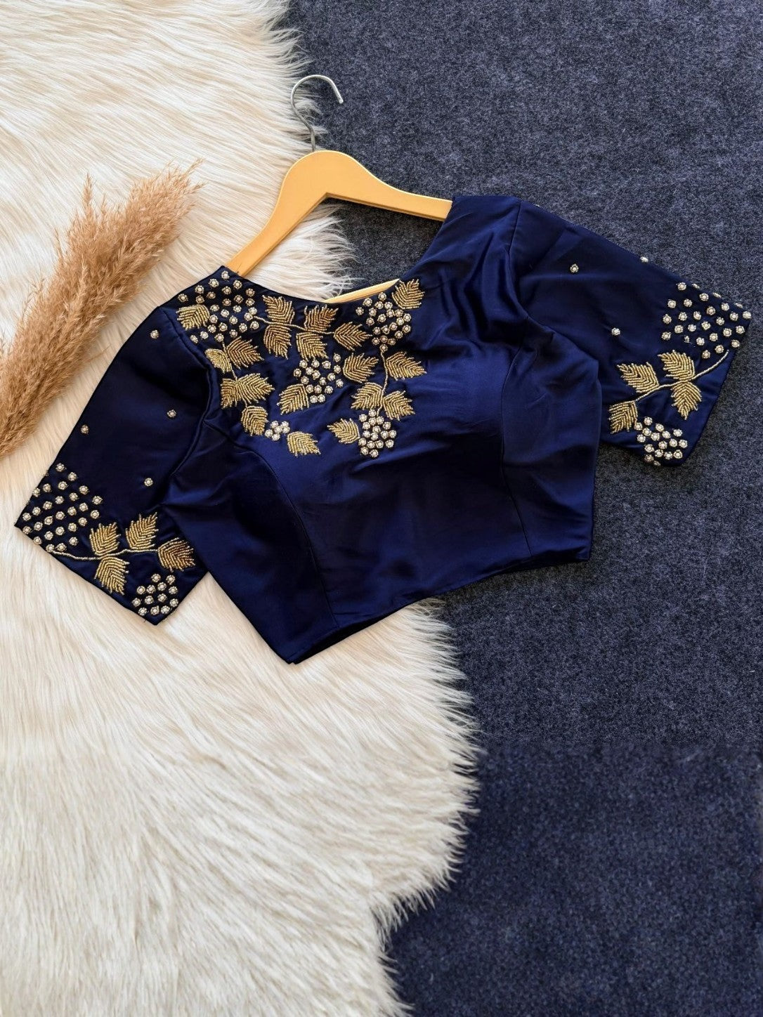 AMAB navy blue silk blouse with gold handwork embroidery on the neckline and sleeves. Padded with short sleeves.