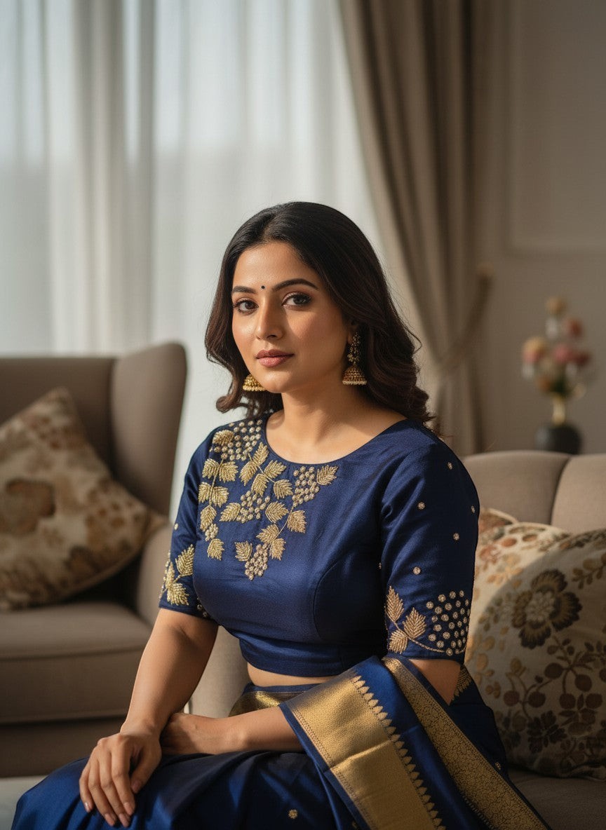 AMAB navy blue silk blouse with gold handwork embroidery on the neckline and sleeves. Padded, short-sleeved designer blouse.