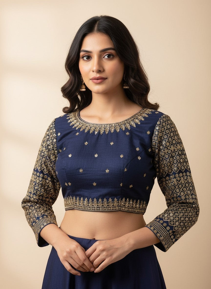 AMAB navy blue Vichitra silk blouse with gold zari and sequence embroidery, V-neck, 3/4 sleeves, and latkan detail.