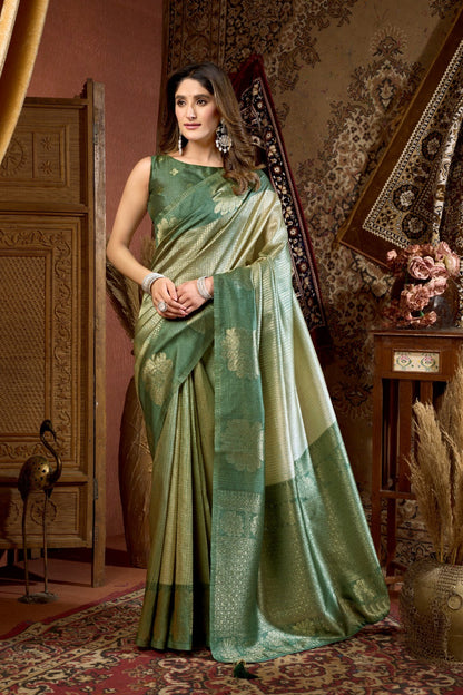 AMAB women's traditional woven silk blend saree in olive green with metallic threads and floral motifs.