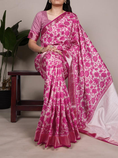 AMAB floral print silk blend saree in pink and white with a metallic border and matching blouse.