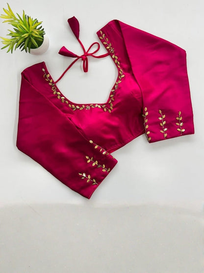 AMAB pink Kimora silk padded blouse with gold handwork and sequence detailing on neckline and sleeves, 3/4 sleeves.