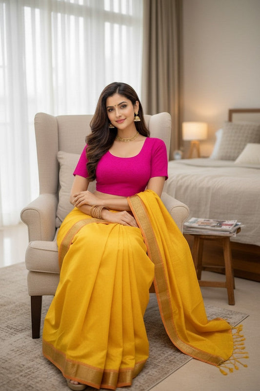 AMAB bright pink crush lycra stretchable blouse with elbow sleeves, paired with a yellow saree.